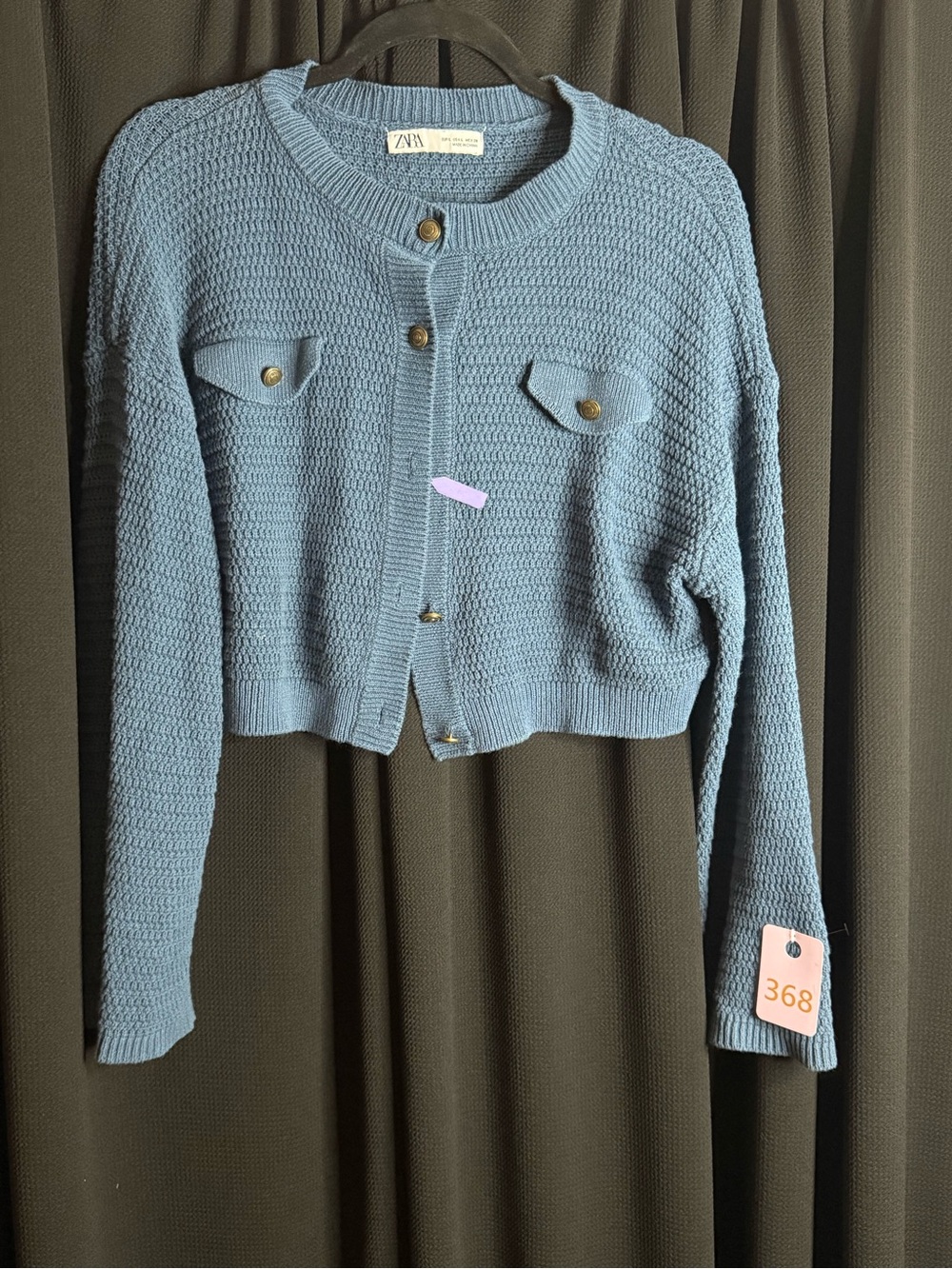 Zara Dusty Blue Cropped Button Cardigan - Missing Button noted in photos